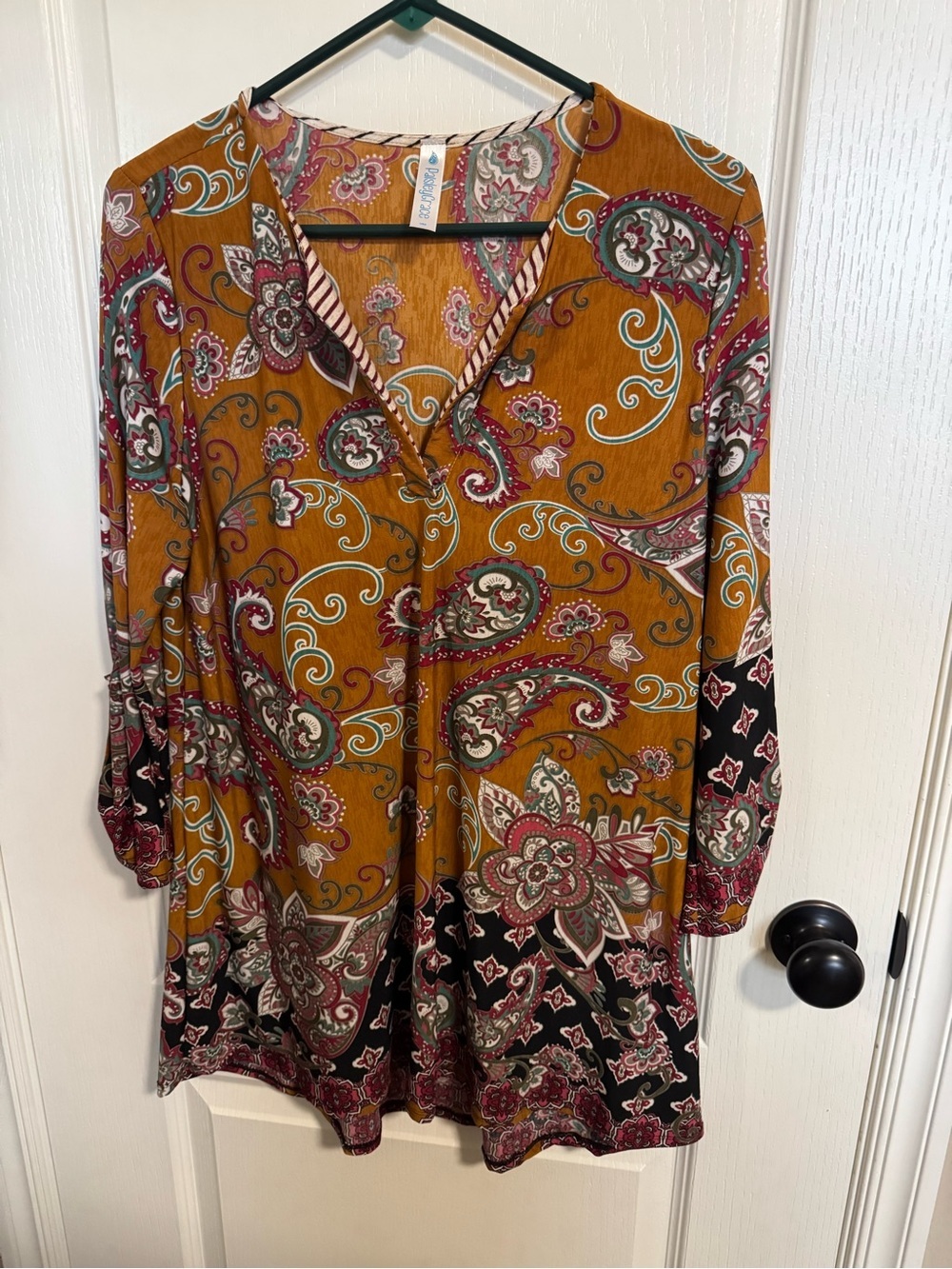 Paisley Grace USA Mustard Boho Paisley Tunic Top Mixed Print Striped Trim